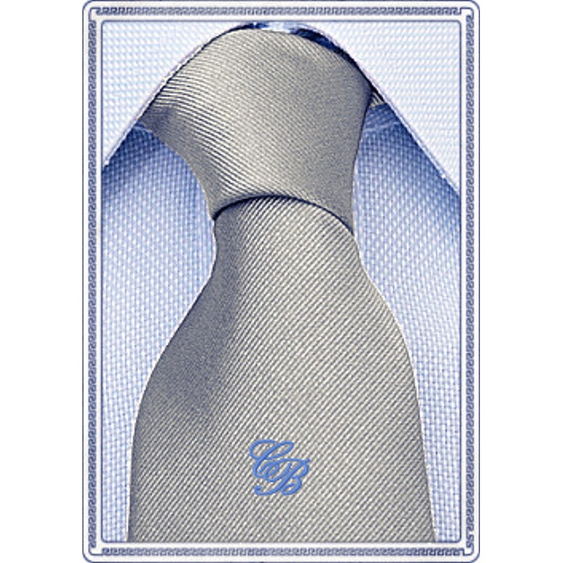 Cravatta in seta colore argento personalizzata con monogramma azzurro