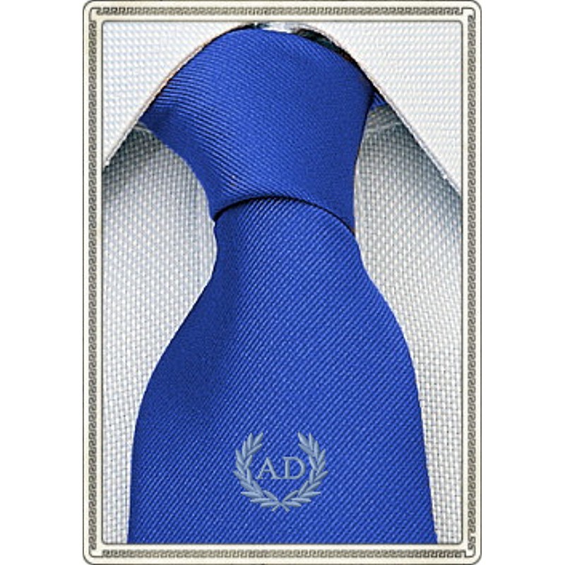 Cravatta con stemma alloro e iniziali personalizzate pura seta colore blu royal Cravatta con stemma alloro e iniziali personalizzate pura seta colore blu royal